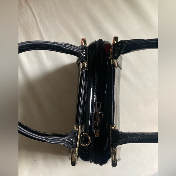 Vintage Black Patent Leather Satchel Bag with Gold Details - Picture 8 of 15